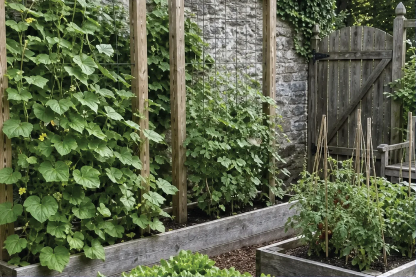 A walled garden with raised beds, cucumbers climbing a trellis against a stone wall, and a shaded corner by the gate