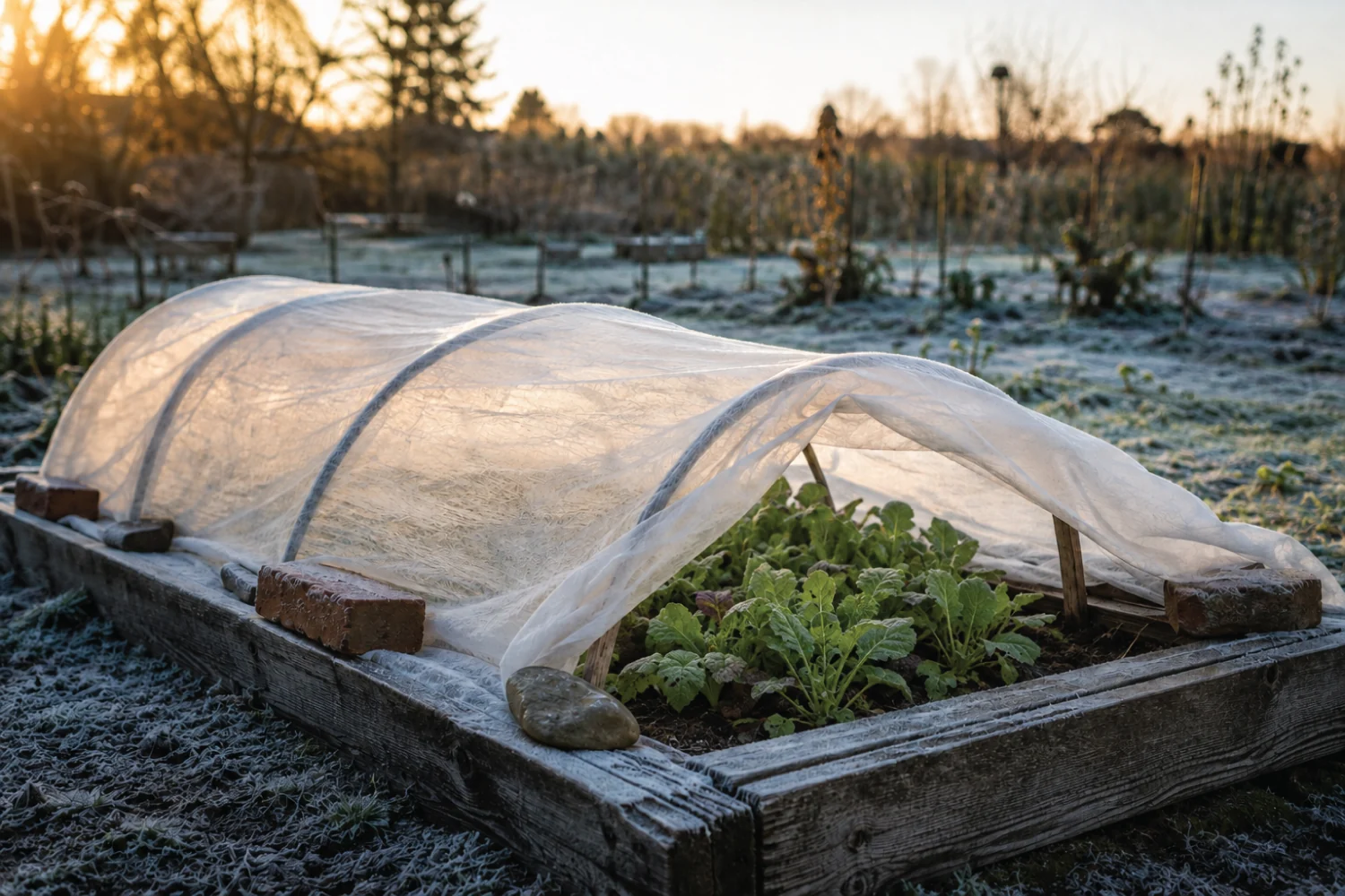 A raised bed under lightweight row cover at sunrise, the fabric held clear of the leaves on hoops and weighted at the edges with bricks and a stone, with frost on the ground around it