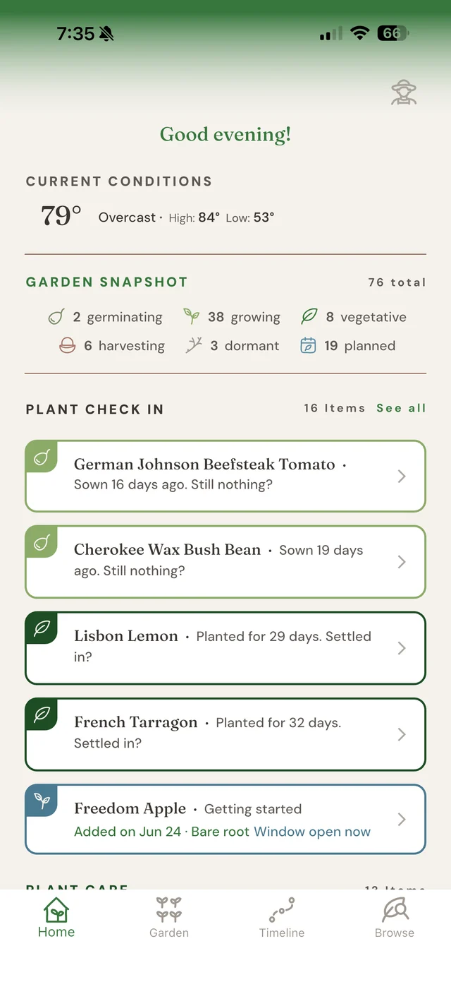 Verna home screen with current conditions, a garden snapshot, and plant check-ins
