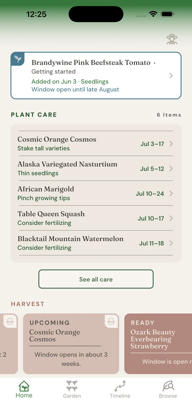 Verna plant care list with timing for each plant